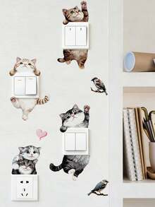 A Set Of Cartoon Probe Cute Cat Switch Socket Wall Stickers, Featuring Adorable Kittens, Little Birds, And Heart Patterns. Self-Adhesive And Removable PVC Stickers, Mix And Match Freely, DIY Decoration For Living Room And Bedroom Switch Panels. - ZC2508-30*30 - View 12