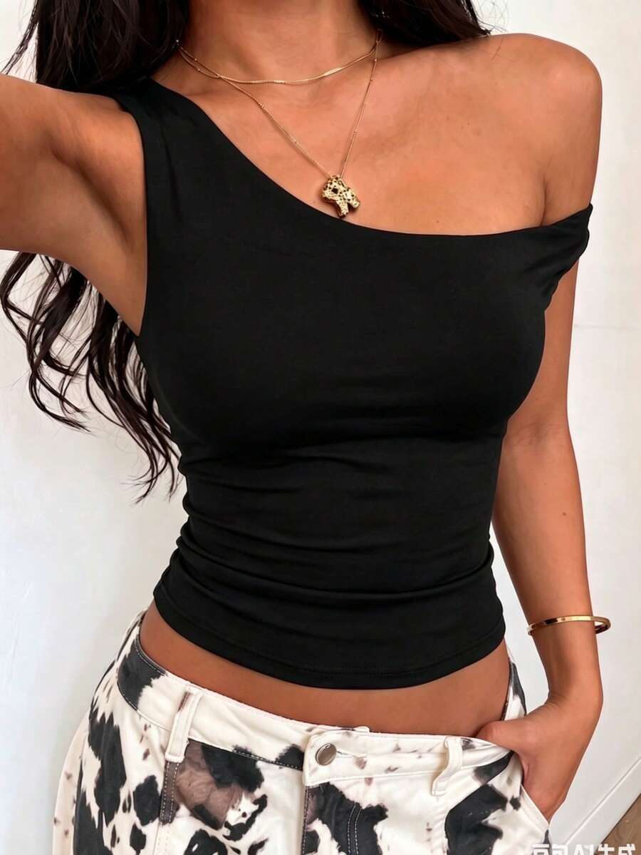 Summer Casual Solid Color Asymmetrical Shoulder Fitted Top - Charcoal Black - View 1