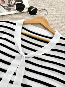 Blusa de punto de manga corta con cuello de contraste a rayas para tallas grandes - Blanco y Negro - Ver 7