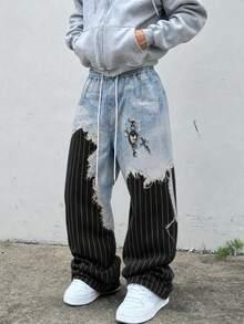 Fractyr Men's Frayed Denim Striped Patchwork Wide Leg Pants, Elastic Waist Gothic Pendant Print Casual Street Style Long Pants - Black - View 1