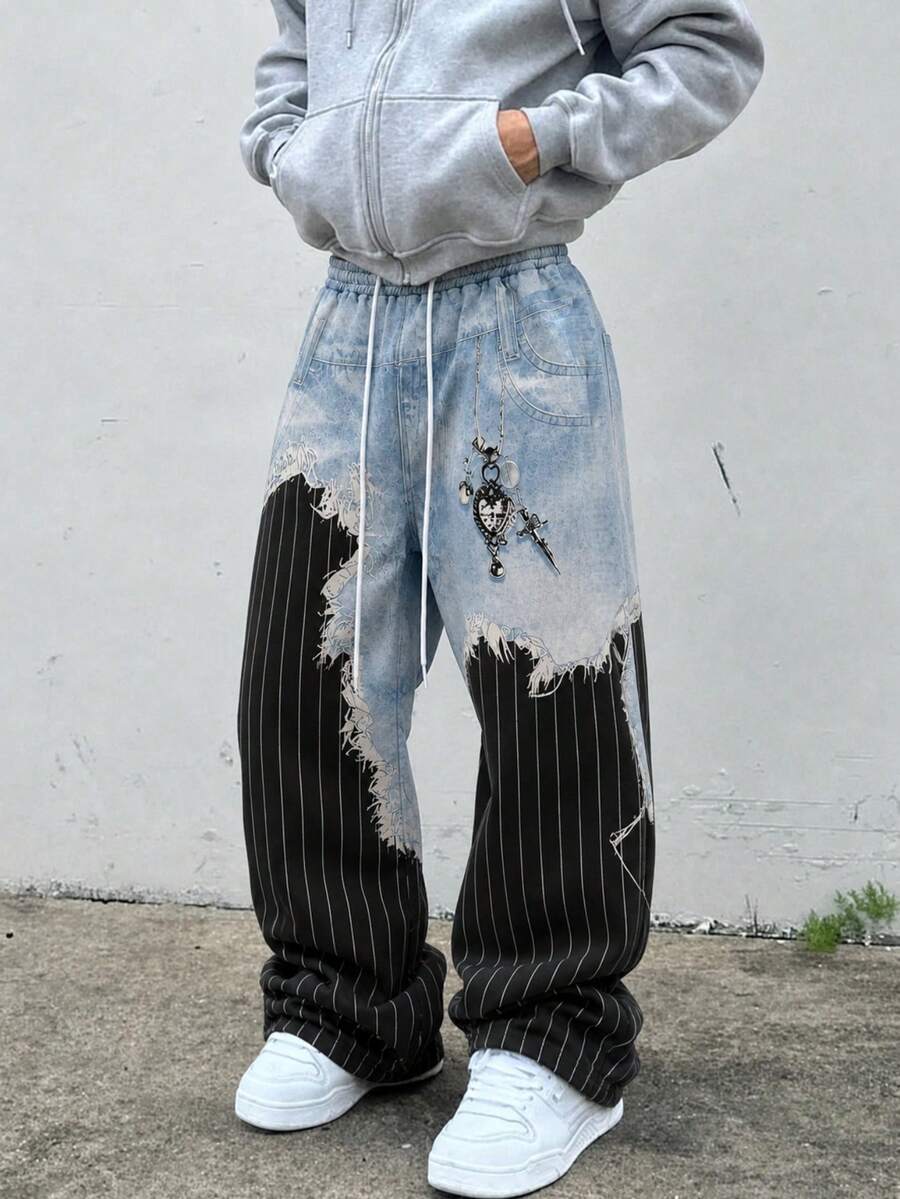 Fractyr Men's Frayed Denim Striped Patchwork Wide Leg Pants, Elastic Waist Gothic Pendant Print Casual Street Style Long Pants - Black - View 1