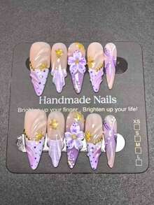 10Pcs Handmade Stiletto Press On Nails, Summer Purple Mermaid Ocean Core Style, 3D Purple Flower+Gold Starfish & Seashell Texture Reusable False Nail Tips For Beach Vacation Daily Party Wear - Lilac Purple - View 1