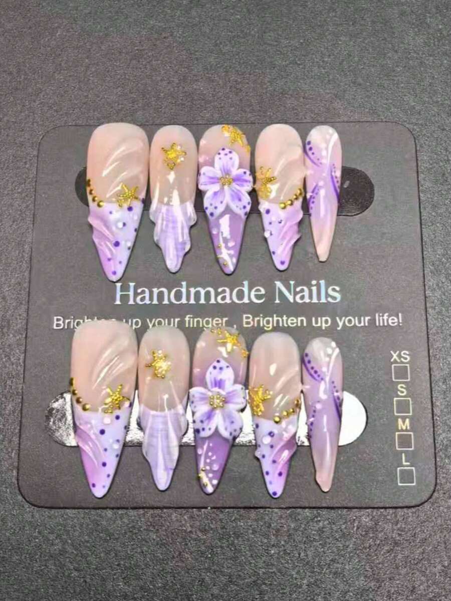 10Pcs Handmade Stiletto Press On Nails, Summer Purple Mermaid Ocean Core Style, 3D Purple Flower+Gold Starfish & Seashell Texture Reusable False Nail Tips For Beach Vacation Daily Party Wear - Lilac Purple - View 1