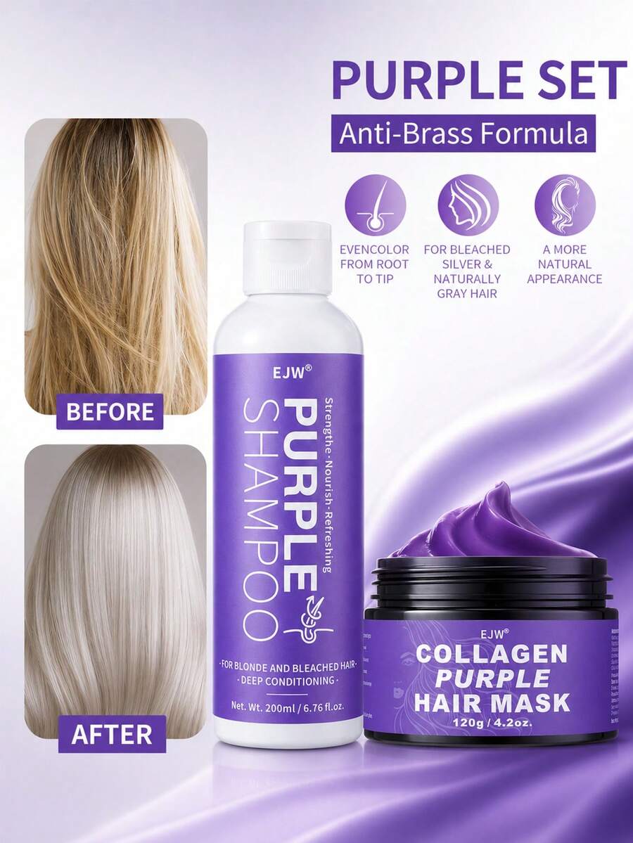 Set Perawatan Rambut 2pcs/Set, Sampo dan Kondisioner Ungu/Masker Rambut untuk Rambut Pirang, Abu-abu - Rambut yang Diwarnai - Bebas Sulfat - Diperkaya dengan Minyak Cocos Nucifera untuk Rambut Keriting dan Rusak - MultiWarna - View 1