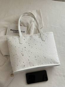 1 pièce Sac à épaule de mode pour femme avec imprimé étoile, sac fourre-tout portable polyvalent de grande capacité, convient pour les rendez-vous, les achats, les sorties, les voyages, livré avec un pendentif exquis - Blanc - Voir 8