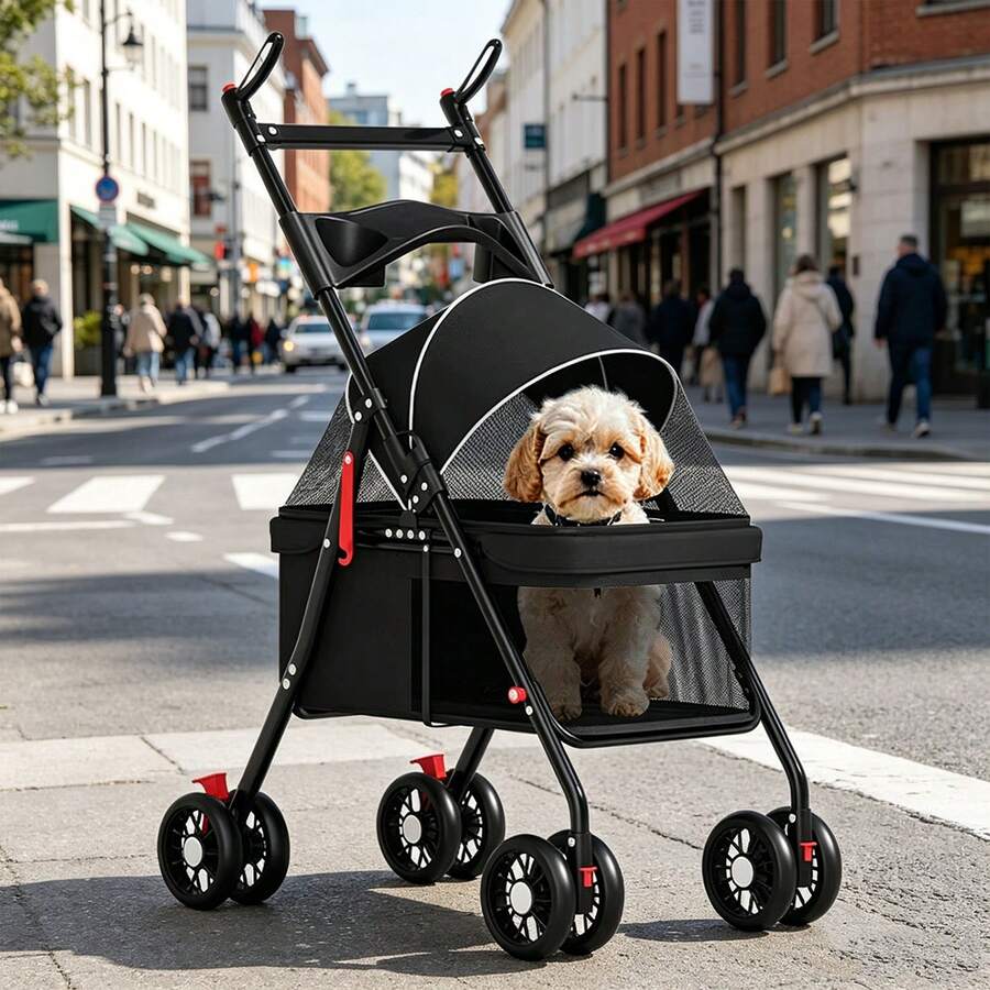 TONSSIDA Foldable Pet Stroller With Breathable Mesh, 4-Wheel Dog Stroller With Canopy, Travel Pet Carriage For Small Dogs & Cats(Black) - Light Grey - View 1