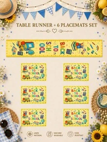 1 pieza - Camino de mesa de temporada escolar con manteles individuales a juego, decoración de mesa con estampado de libros, manzana y autobús amarillo brillante, juego de comedor de vuelta al colegio para cocina, aula y fiesta - Multicolor - Ver 10