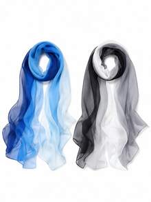 1/2 piezas Bufanda chal ligera y transpirable con degradado para mujer, amigable con la piel, para primavera y verano, ideal para viajes, playa, vacaciones, fiestas y outfits de fotos - Azul + Negro y Blanco 2 piezas - Ver 2