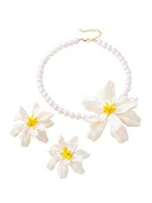 3pcs/Set Fashion Bohemian Style Acrylic Pearl Flower Pendant Necklace And Earrings Set, Suitable For Women's Summer Vacation Wear - White - View 6