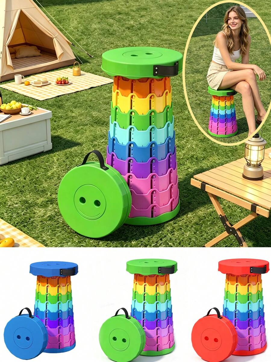 4/1pc Rainbow Telescopic Folding Stool, Portable Round Stool With Handle, Smiling Face Cover, Multi-Color Patchwork Design, Casual Outdoor Style, All Season Applicable, For Camping, Picnic, Fishing, Travel, Home, Gardening, Adult Size