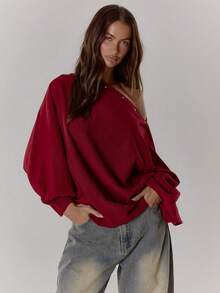 Suéter asimétrico de hombro con tachuelas en la espalda, cintura ceñida y sobredimensionado, estilo de chica cool de la calle Y2K para uso casual de invierno a primavera - Burdeos - Ver 1