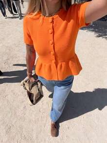 Women's Orange Knitted Short Sleeve Cardigan, Round Neck, Ruffle Hem, Medium Stretch, Lightweight And Breathable, Suitable For Spring And Summer - Orange - View 2