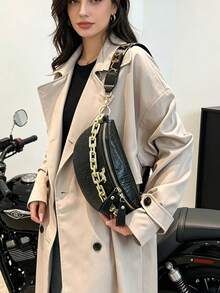 女款鱷魚紋腰包配金鏈，可調節寬肩帶斜背胸包，復古單肩腰包適用於日常與旅行 - 黑色 - 查看 4
