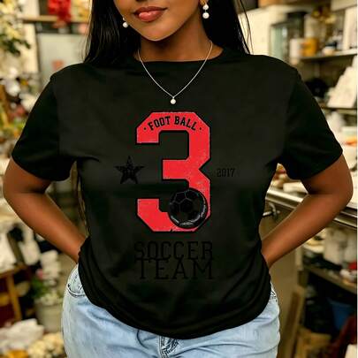 Vintage Distressed Number Star Soccer Graphic Crew Neck Women's T-Shirt Casual Sports Game Street Wear Perfect Gift For Amateur Soccer Team Fans