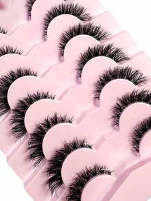 New 7 Pairs Short Natural Soft Fluffy False Eyelashes, Criss-Cross Faux Mink Lashes, 3D Cat Eye Design With Transparent Band, Suitable For Beginners And Daily Wear - 眼尾拉長款 - 查看 5
