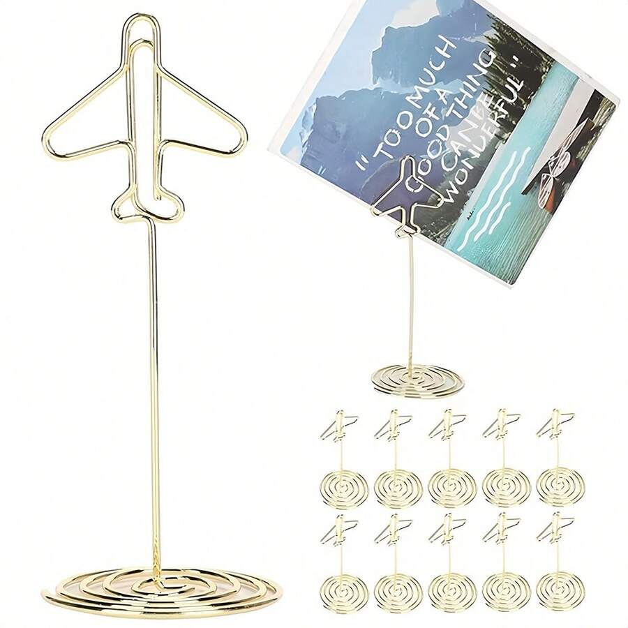 10 pièces Porte-cartes de numéro de table dorés, pinces à cartes de nom de bureau en métal avec base, support de carte de table en forme d'avion, porte-cartes de décoration de centre de table de mariage - Plusieurs styles - Voir 1