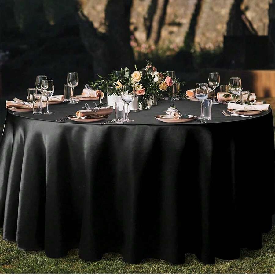 1 pieza Mantel de mesa redondo de estilo clásico multicolor para hotel y hogar, con acabado de satén, adecuado para bodas, Día de San Valentín y uso diario - Negro - Ver 1