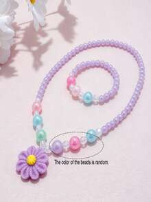 2pcs/Set Girls Cute Flower Pendant Beaded Necklace Bracelet Jewelry Set, Suitable For School, Holiday Party, Birthday Gift, Daily Wear - one-size - View 6