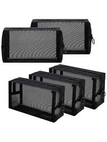 5pcs Black Mesh Makeup Bags - Portable Breathable Travel And Home Office Accessories With Zipper Storage Pouches - Black - View 1