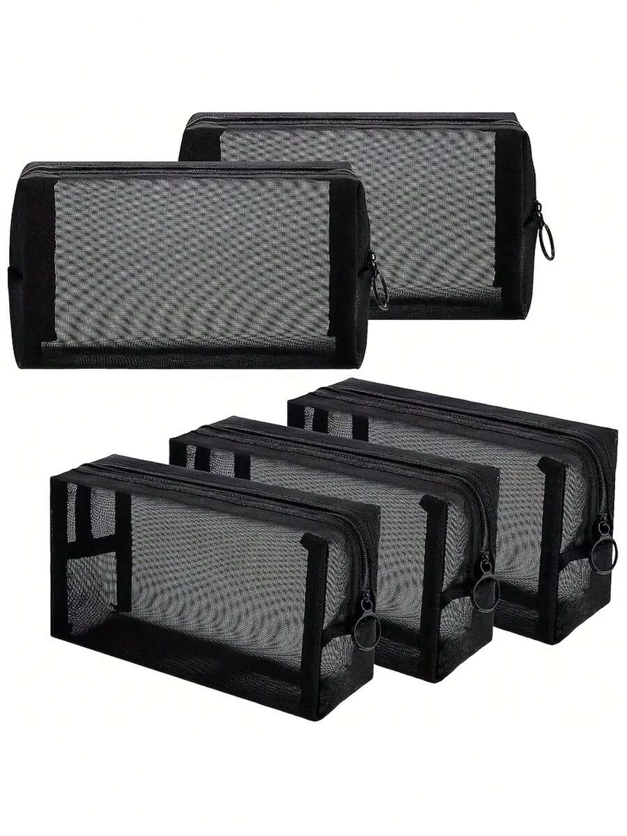 5pcs Black Mesh Makeup Bags - Portable Breathable Travel And Home Office Accessories With Zipper Storage Pouches - Black - View 1