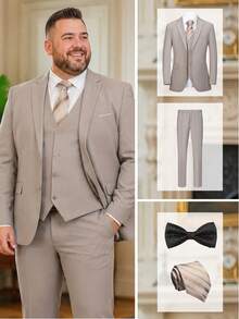 Plus Size 5 Pcs Men's Suit Tuxedo Vest Pants Tie Bowtie Lapel Collar Flap Pockets For Commuting Daily Wearing Party Various Occasions - Champagne - View 2