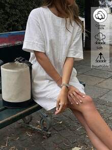 DORISS 夏季休閒街頭棉麻洋裝，圓領寬鬆通勤度假辦公短袖洋裝 白色優雅 - 白色 - 查看 2