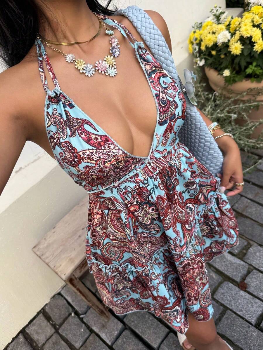 Women's Versatile Casual Halter Dress, Boho Print, Open Back With Bow, For Spring/Summer - Rust Brown - View 1
