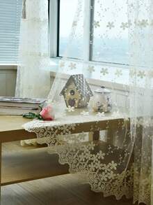 1件裝 桿套式田園風刺繡透視窗簾，細緻碎花圖案，牛奶絲面料，適用於客廳、廚房、浴室 - 白色 - 查看 5