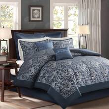 Elegant 8/24 Pieces Bed In A Bag Bedding Comforter Set,Faux Silk Comforter Jacquard Paisley Design Matching Curtains (8 Pieces Exclude Windows Panels),All-Season Essentials Home Textile For Queen-King-California King Size,Christmas Thanks Giving Gift - Navy-8 Pieces - 查看 1