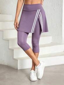 Women's Fashion Side Stripe Split Skirt Leggings, All Season Wear, Women's Tennis Skirt Leggings With Pockets, 7/8 Length Yoga Leggings With Skirt Hem, Suitable For Sports And Casual Wear - Mauve Purple - View 4