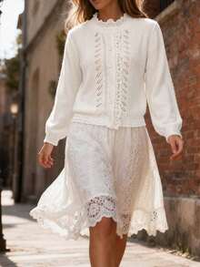 Women's Elegant Lace Patchwork Collar Knitted Cardigan, Suitable For Daily Commute, Casual And Holiday Wear, Autumn/Winter - Cream - View 8