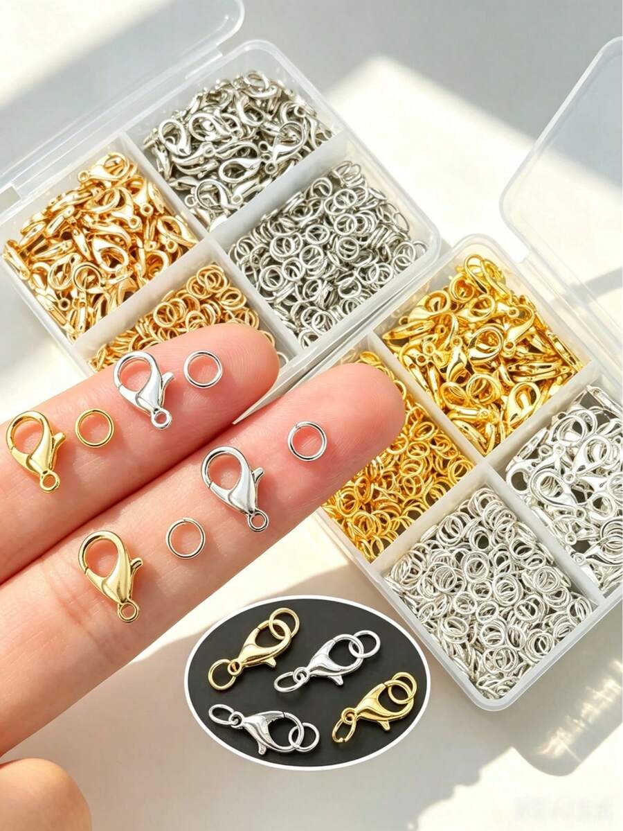 Juego de 450 piezas de conectores de joyería DIY, broches de langosta de 12 mm y anillos de salto de 5 mm, adecuado para cuentas hechas a mano, cuentas espaciadoras, conectores de pulseras y tobilleras, anillos abiertos para collares, conectores de joyería, anillos de salto abiertos, anillos cerrados para aretes, conectores de cadena para bolsos, cadena para teléfono, llavero y otros accesorios de manualidades - Conjunto de hebilla de langosta y anillo - Ver 1