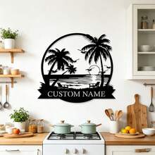 Personalized Palm Tree Beach Metal Sign, Round Coastal Sunset Custom Name Sign, Tropical Beach Home Decor Gift, Outdoor Backyard Wall Decor - Black - View 3
