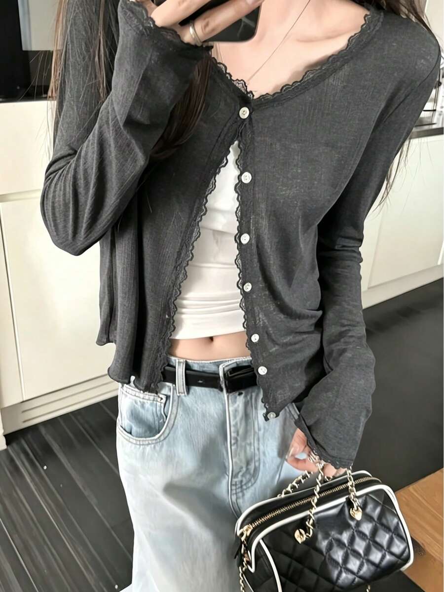 Jaket Cardigan Rajut Lembut Berenda Patchwork Ruffle Terbaru untuk Wanita, Ringan, Pelindung Matahari, Atasan Jaket untuk Wanita - Dark Grey - View 1