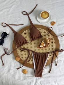 2pcs Sexy Summer Bikini Set - Beige Triangle Top And High Slit Bottom With Bronze Metal Rings And Adjustable Ties Vacation Beach Brown - Brown - View 3