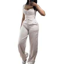 New Women's European And American Style Outfit, Fitted Crop Top With Straps And Wide-Leg Pants, Elegant And Casual Look For Curvy Women - 黑色 - 查看 7