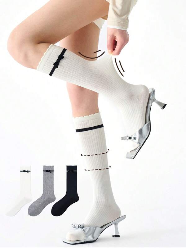 1 Pair Patchwork Knit Fabric Calf Socks, Lace Trim Patchwork Bow Long Tube Socks, Spring/Autumn Vertical Stripe Slouch Calf Socks, Women's Cuffed Patchwork Half-Length Socks, JK Breathable Mesh Long Tube Sexy Tight Socks