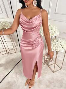 Amarilo Women's Pink Satin Midi Dress - With Shoulder Straps And Side Slit Ruffle Design, Elegant Wedding Guest & Cocktail Party Attire Summer - Dusty Pink - View 3