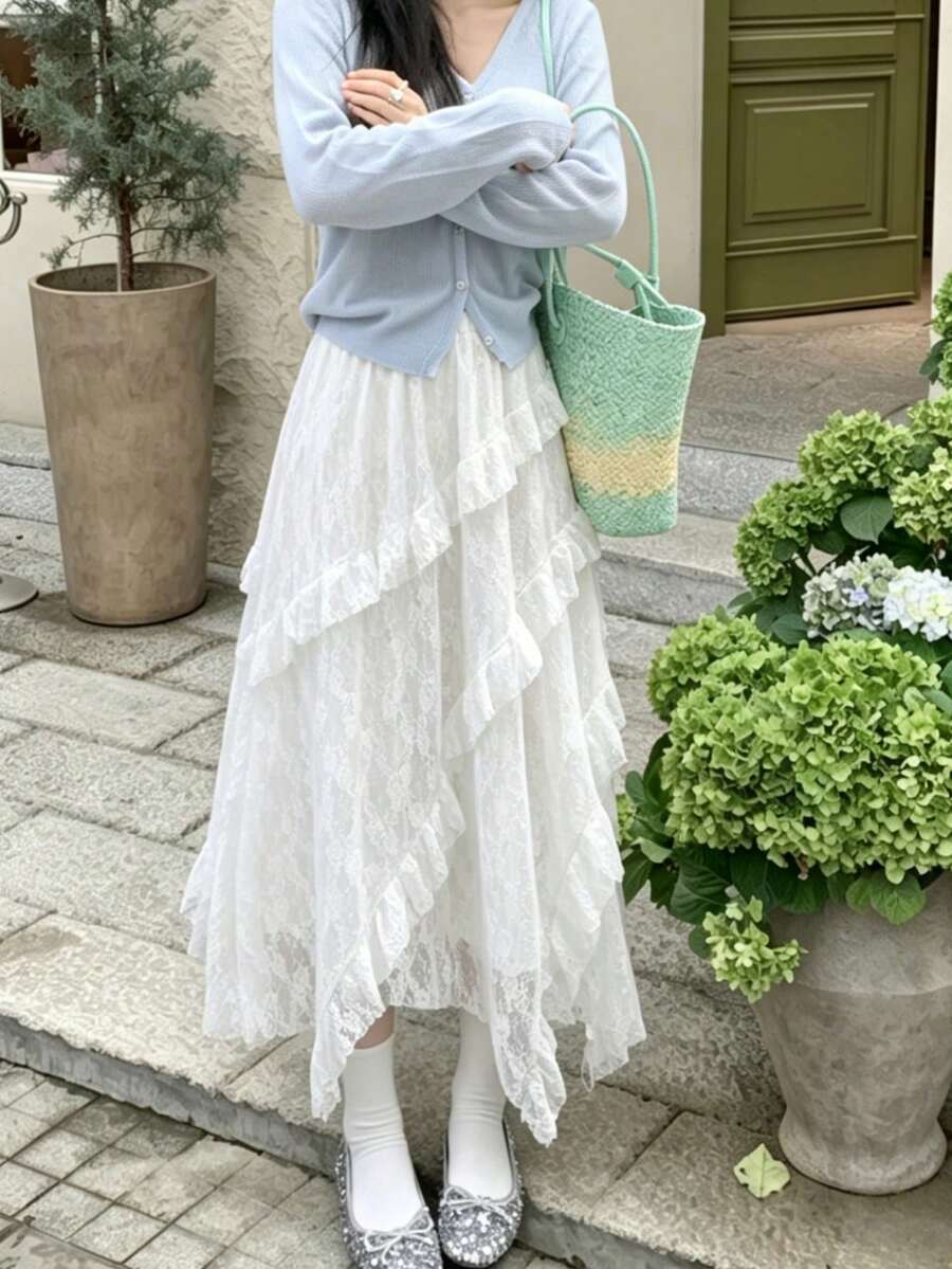 复古拼接不对称荷叶边蕾丝A字裙，高腰显瘦纯色百搭半身裙，2026春夏休闲白色