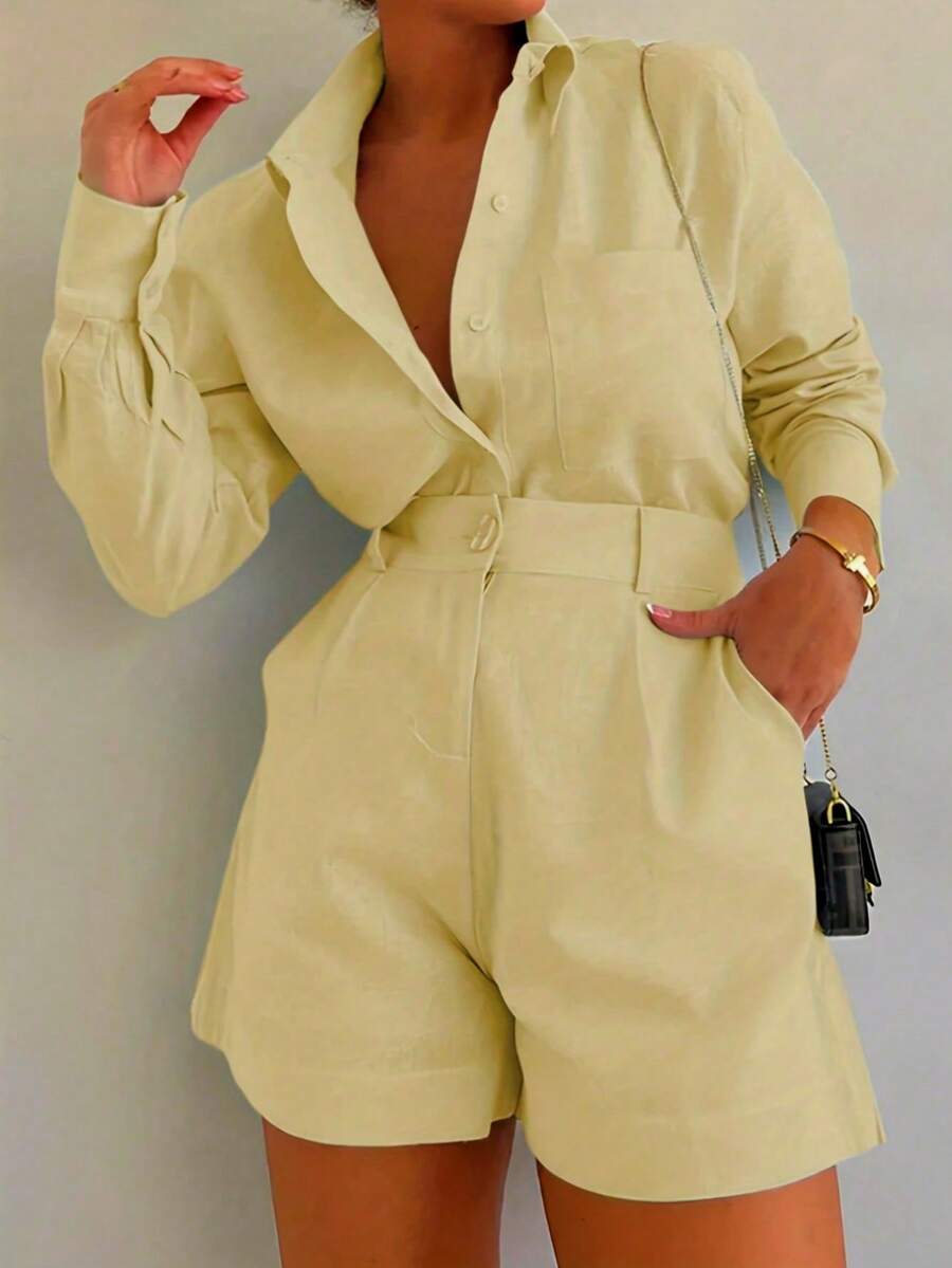 Women's Bohemian Two-Piece Suit, Long-Sleeved Button-Down Top And Shorts - Light Yellow - View 1