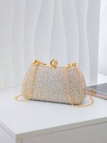 Women's Rhinestone Evening Clutch Bag, Top Handle Frame Clutch, Sparkling Rhinestone And Pearl Decorated Hard Shell Wallet, Luxury Style Suitable For Weddings, Proms - Gold - View 9