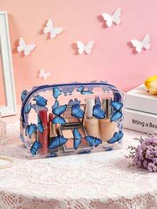 1pc Cute Crystal Clear Cosmetic Bags, Travel Toiletry Clear Makeup Bags, Portable Makeup Brushes Kit Storage Bag, Waterproof Cartoon Organization For Women Girls (Butterfly) - Blue - View 2