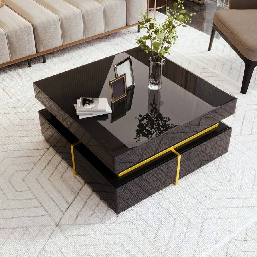 High-Gloss Coffee Table / Modern Coffee Table / MDF Living Room Table / Side Table With Drawers And Gold Accents / With Two Drawers / Easy To Clean And Assemble - Black - View 1