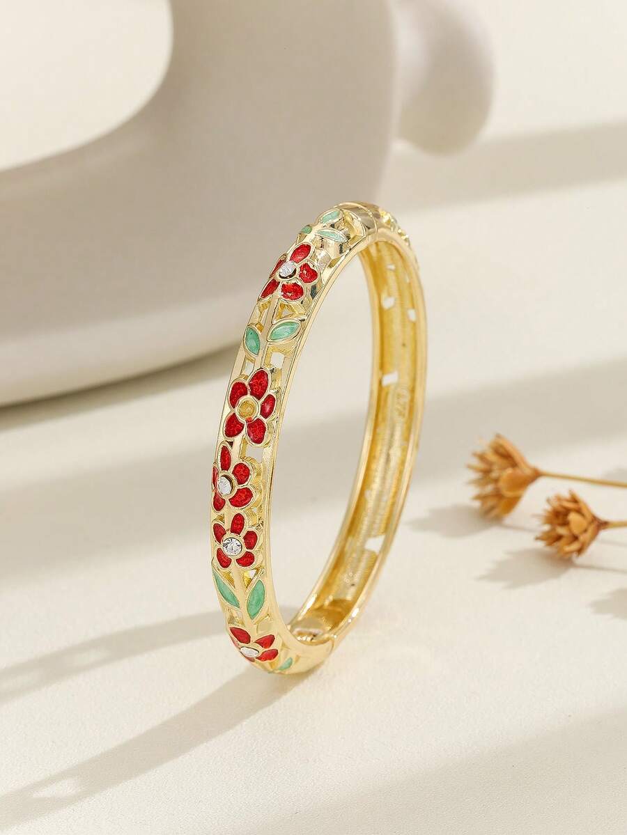 1pc Fashion Gold-Plated Rhinestone Floral Pattern Hollow Enamel Filigree Bracelet For Women, Red - Red - View 1