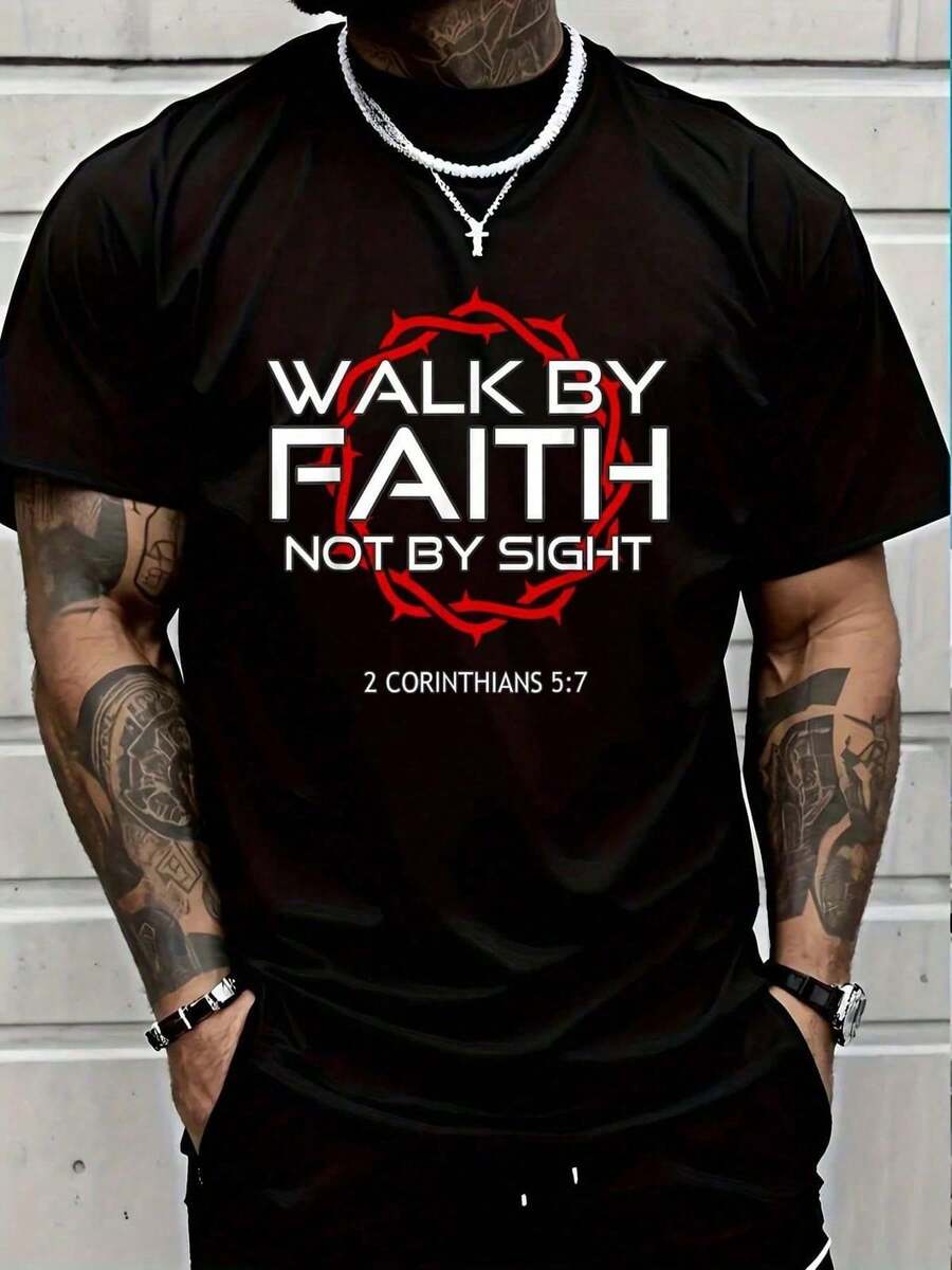 Camiseta Cristiana "Jesús Camina Por Fe" 100% Algodón - Negro - Ver 1
