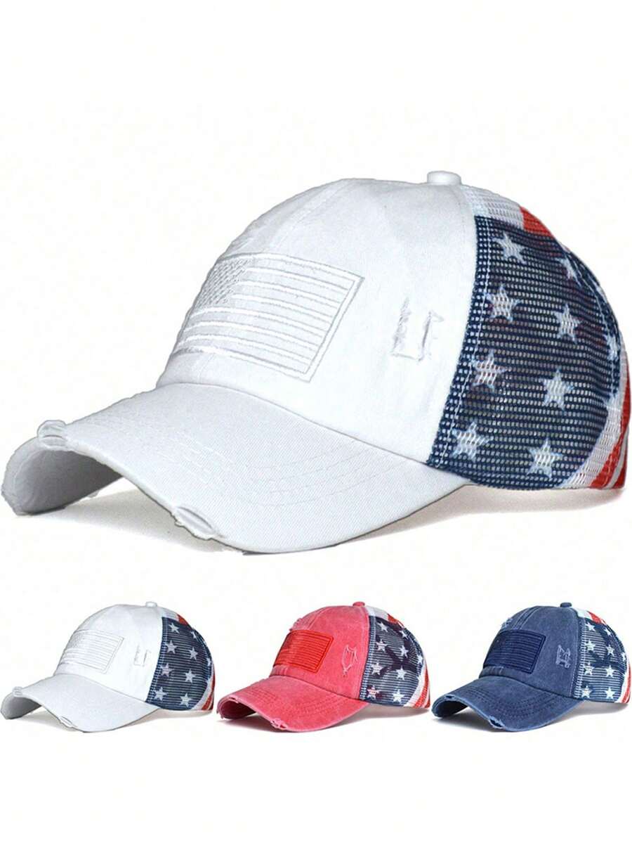 1pc Unisex Solid Color American Flag Embroidered Baseball Cap, Fashionable Versatile Polyester Mesh Hat - Multicolor - View 1