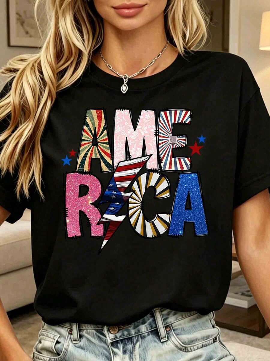 Women's Plus-Size Vintage Short-Sleeved T-Shirt With Printed Designs And Text. Weight 220g, Suitable For Casual Wear And Patriotic Events In Summer And Autumn. - Black - View 1