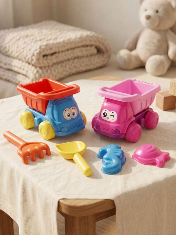 4Pcs Kids Beach Toy Set - Adorable Truck Sand Toy Kit. Cute Cartoon Toddler Sand Truck With Shovel, Rake & Sea Life Molds, Durable Summer Outdoor Sand Box Toys, Summer Essentials, Portable Outdoor Play Set For Beach & Backyard, Birthday Gift