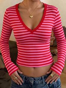 Women's Fitted T-Shirt With Round Neck, Long Sleeves, Pleats, Solid Color, Suitable For Summer, Autumn/Winter And Casual Spring Seasons - 紅玫瑰 - 查看 8