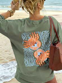 Camiseta de verano holgada de cuello redondo con estampado de cangrejo y océano para mujer - Verde Oliva - Ver 4